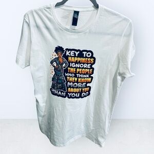 Hand-Pressed "Key to Happiness" Graphic Tee - White, XL